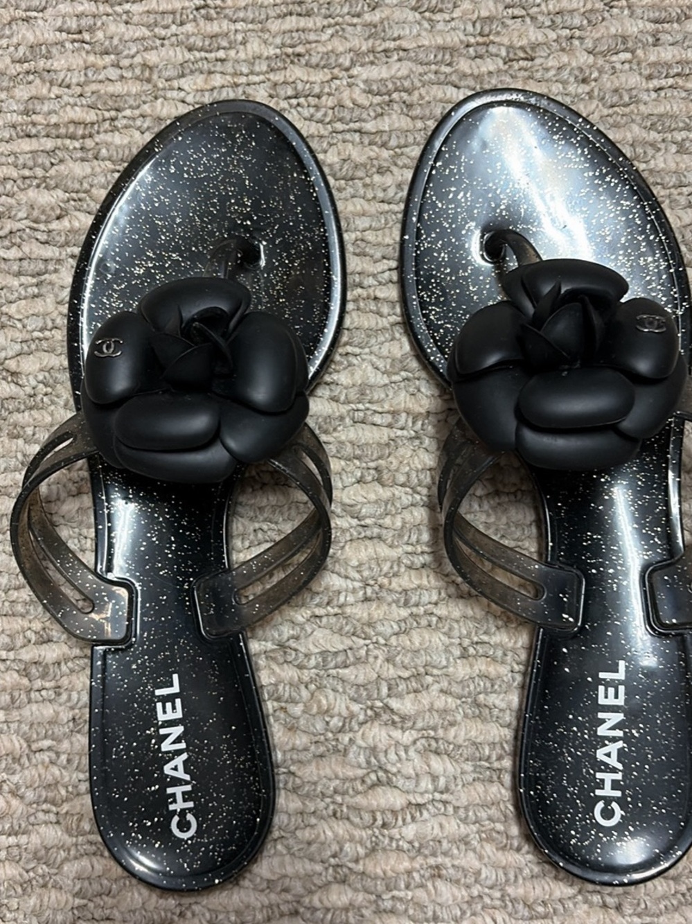 CHANEL Black Glitter Camellia Jelly Sandals - Women's
